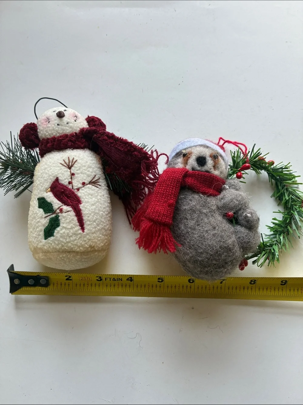 Vintage Handmade Holiday Felt Snowman and Wool Bear Ornaments Set of 2